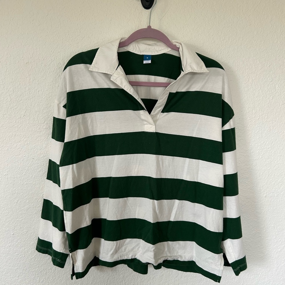 Old Navy Green and White Striped Long-Sleeve Rugby Shirt
